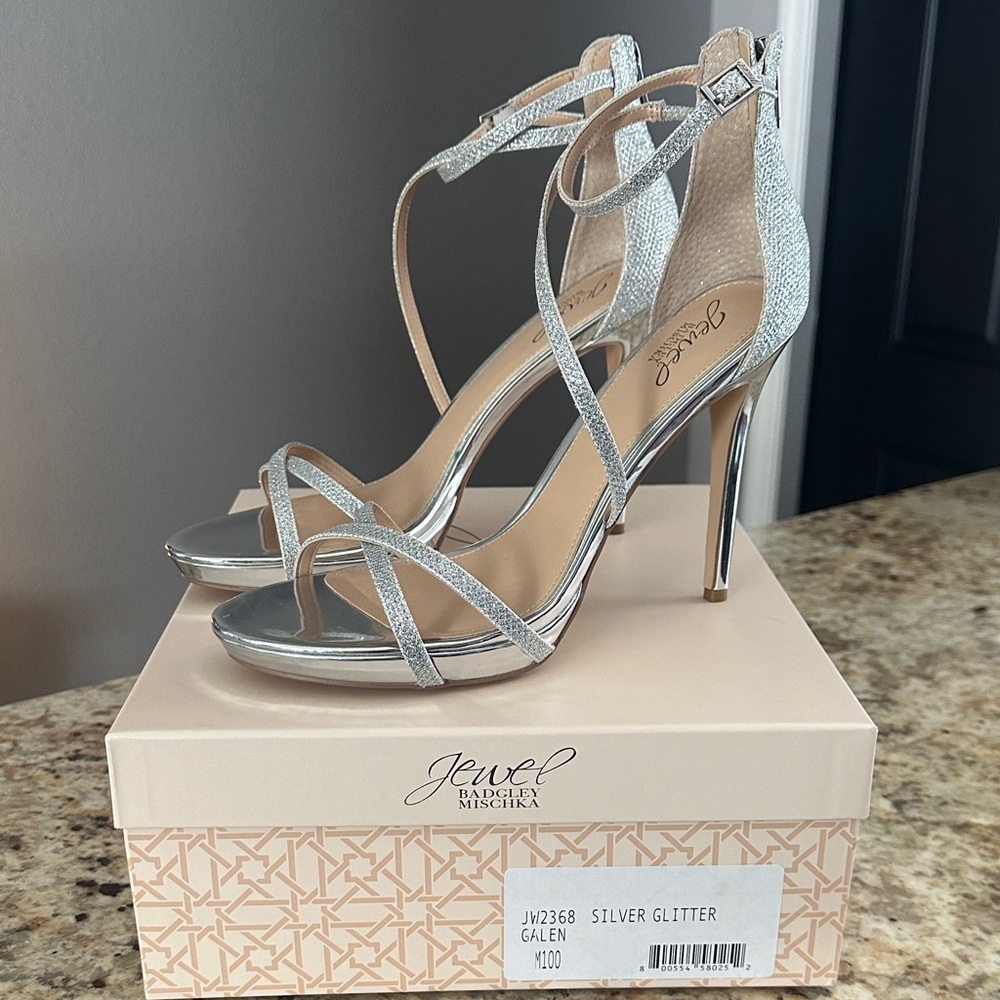 Jewel Badgley Mischka Silver Strappy Heels